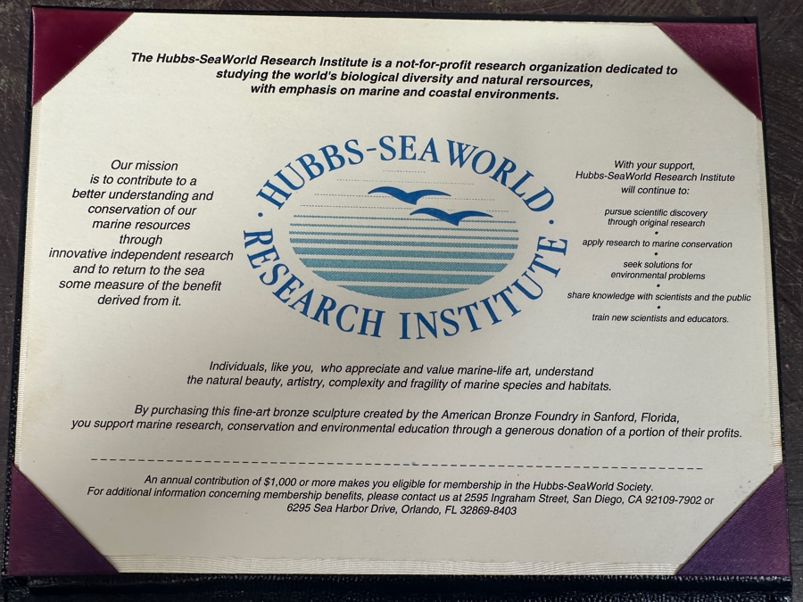 Stunning Large Limited Edition Bronze Manatee Sculpture On Custom Marble Rotating Base By Sandra Koop (S. Koop) Titled 'Serenity' 9/299 American Bronze Fine Art Foundry, Inc. 30.5'H X 18'W X 14'D Weighs 110lbs W/ Certificate Of Authenticity Valued $10,140 [Photo 16]
