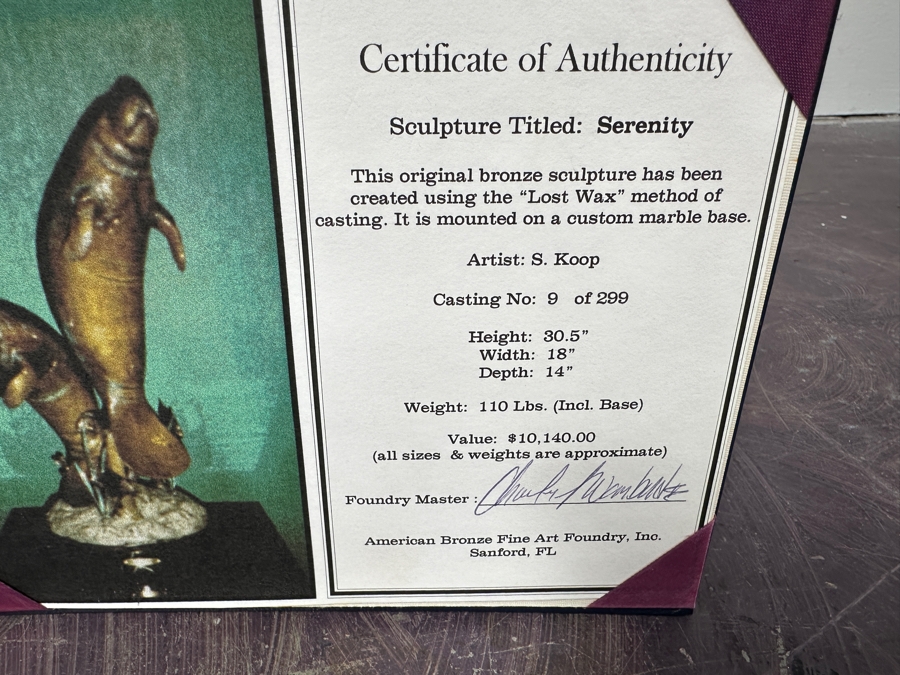 Stunning Large Limited Edition Bronze Manatee Sculpture On Custom Marble Rotating Base By Sandra Koop (S. Koop) Titled 'Serenity' 9/299 American Bronze Fine Art Foundry, Inc. 30.5'H X 18'W X 14'D Weighs 110lbs W/ Certificate Of Authenticity Valued $10,140 [Photo 15]