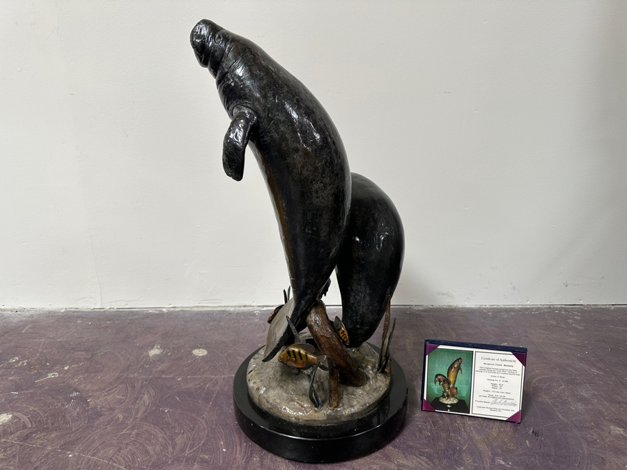 Stunning Large Limited Edition Bronze Manatee Sculpture On Custom Marble Rotating Base By Sandra Koop (S. Koop) Titled 'Serenity' 9/299 American Bronze Fine Art Foundry, Inc. 30.5'H X 18'W X 14'D Weighs 110lbs W/ Certificate Of Authenticity Valued $10,140 [Photo 8]