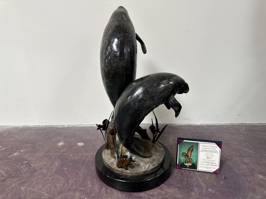 Stunning Large Limited Edition Bronze Manatee Sculpture On Custom Marble Rotating Base By Sandra Koop (S. Koop) Titled 'Serenity' 9/299 American Bronze Fine Art Foundry, Inc. 30.5'H X 18'W X 14'D Weighs 110lbs W/ Certificate Of Authenticity Valued $10,140 [Photo 10]