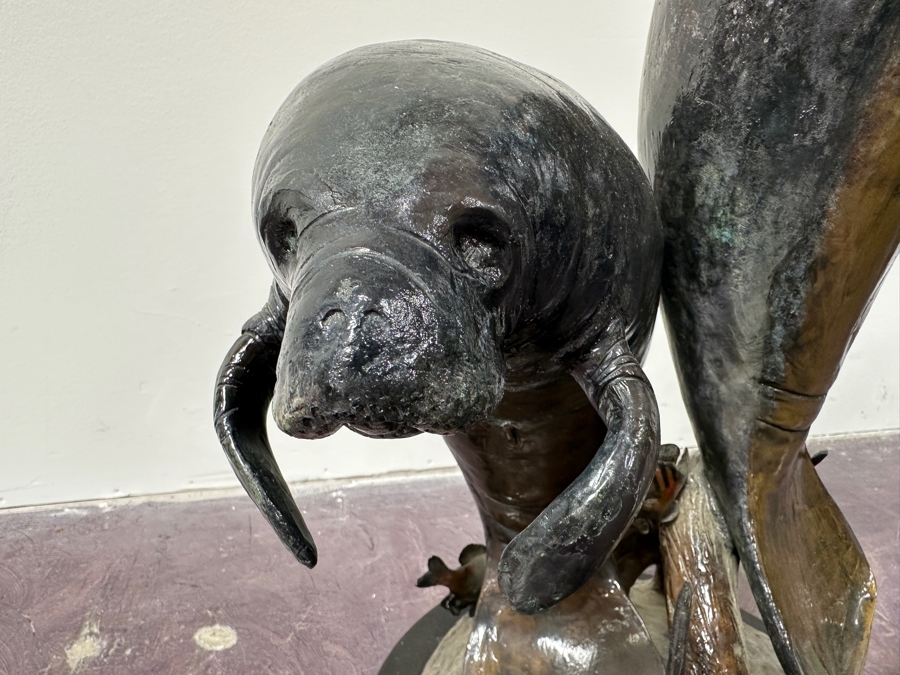Stunning Large Limited Edition Bronze Manatee Sculpture On Custom Marble Rotating Base By Sandra Koop (S. Koop) Titled 'Serenity' 9/299 American Bronze Fine Art Foundry, Inc. 30.5'H X 18'W X 14'D Weighs 110lbs W/ Certificate Of Authenticity Valued $10,140 [Photo 4]