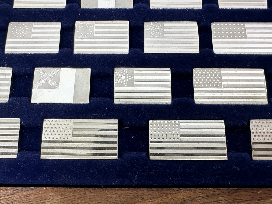 (42) Sterling Silver Ingots Franklin Mint Flags Of America Set With Official And Sovereign United States Flags (No Glass Top To Case) 12 X 5.5 Total Sterling Silver Weight 6.9oz [Photo 7]
