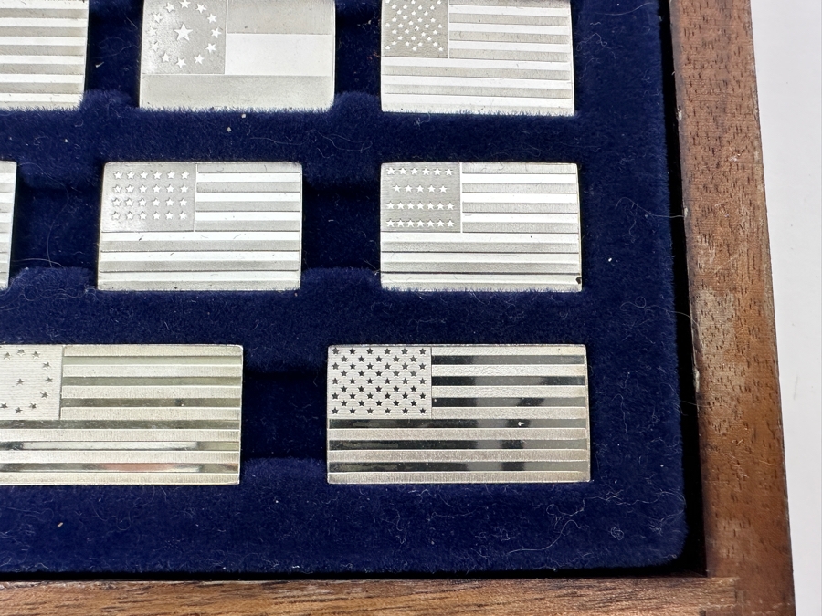(42) Sterling Silver Ingots Franklin Mint Flags Of America Set With Official And Sovereign United States Flags (No Glass Top To Case) 12 X 5.5 Total Sterling Silver Weight 6.9oz [Photo 9]