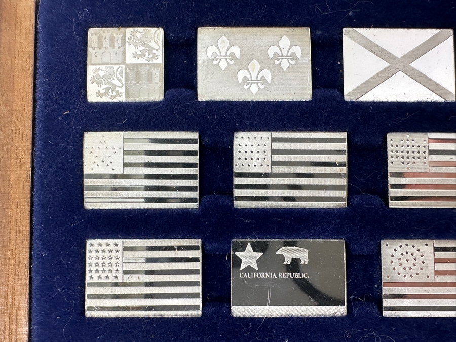 (42) Sterling Silver Ingots Franklin Mint Flags Of America Set With Official And Sovereign United States Flags (No Glass Top To Case) 12 X 5.5 Total Sterling Silver Weight 6.9oz [Photo 2]