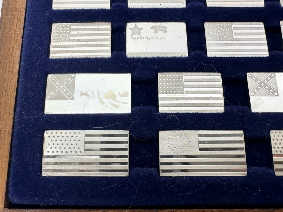 (42) Sterling Silver Ingots Franklin Mint Flags Of America Set With Official And Sovereign United States Flags (No Glass Top To Case) 12 X 5.5 Total Sterling Silver Weight 6.9oz [Photo 6]