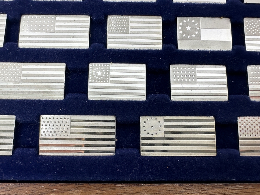 (42) Sterling Silver Ingots Franklin Mint Flags Of America Set With Official And Sovereign United States Flags (No Glass Top To Case) 12 X 5.5 Total Sterling Silver Weight 6.9oz [Photo 8]
