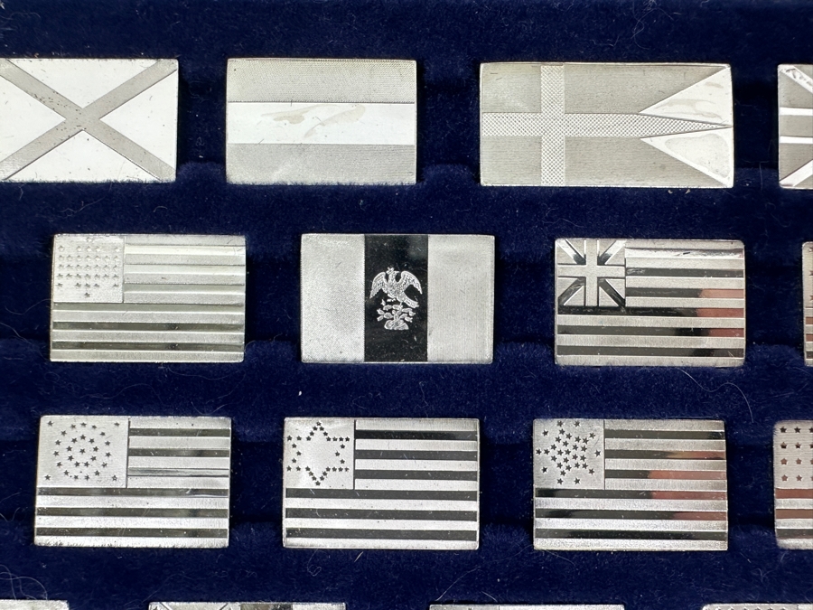 (42) Sterling Silver Ingots Franklin Mint Flags Of America Set With Official And Sovereign United States Flags (No Glass Top To Case) 12 X 5.5 Total Sterling Silver Weight 6.9oz [Photo 3]