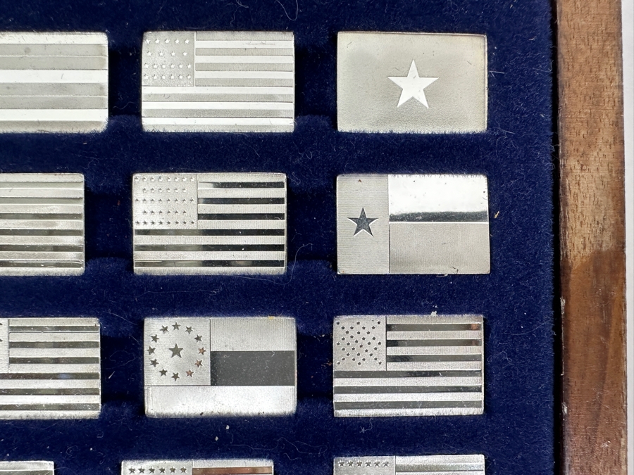 (42) Sterling Silver Ingots Franklin Mint Flags Of America Set With Official And Sovereign United States Flags (No Glass Top To Case) 12 X 5.5 Total Sterling Silver Weight 6.9oz [Photo 5]