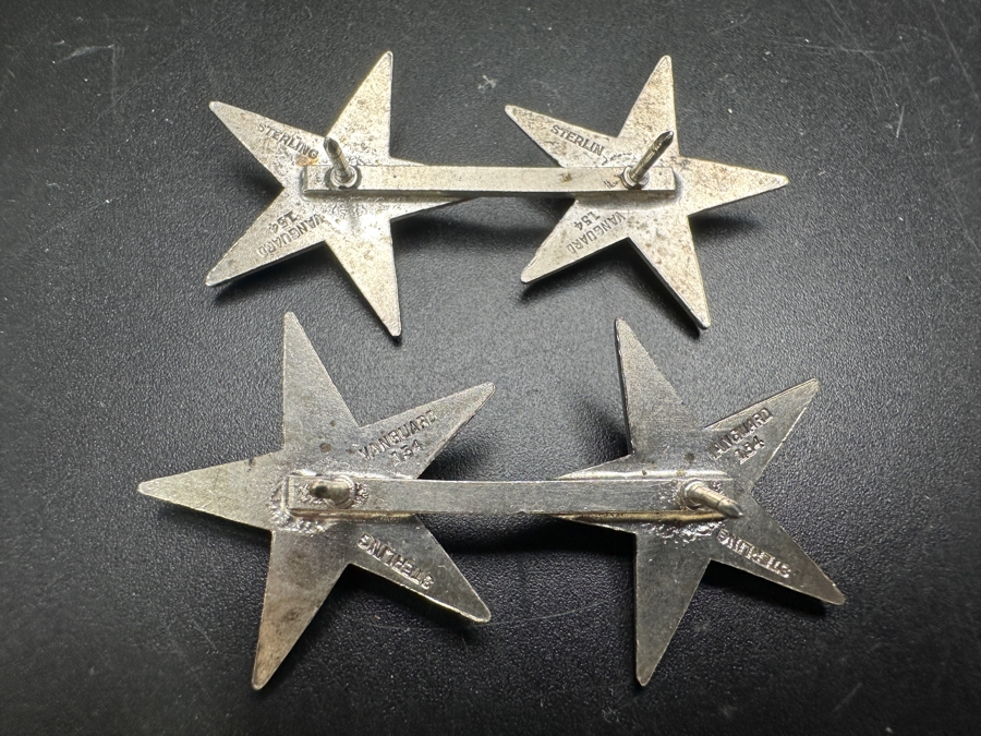 Pair Of Sterling Silver 2-Star Military Officer Lapel Pins 18.6g [Photo 3]