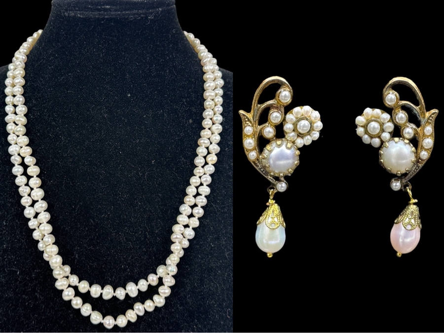 Double Strand 24' Pearl Necklace With Matching Earrings