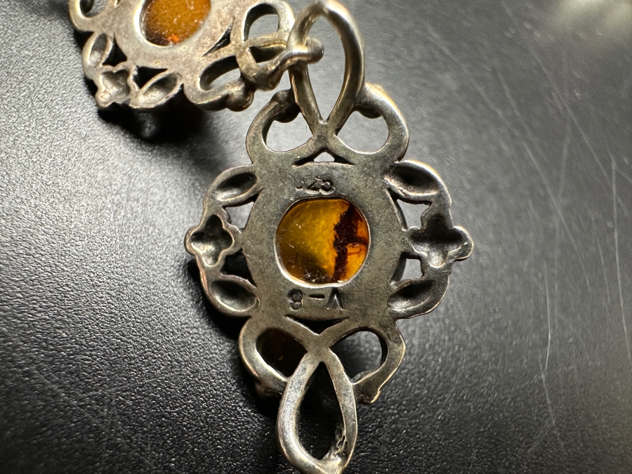 Sterling Silver / Amber Jewelry Set With 8' Bracelet, Ring Size 9.5 & Pair Of Earrings 23.3g [Photo 6]