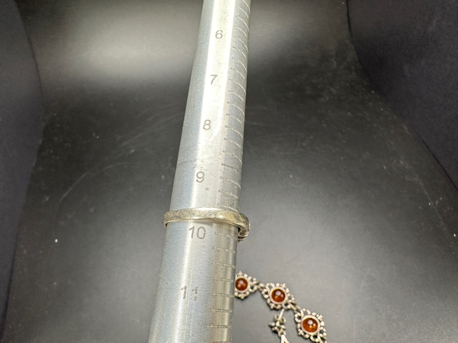 Sterling Silver / Amber Jewelry Set With 8' Bracelet, Ring Size 9.5 & Pair Of Earrings 23.3g [Photo 5]