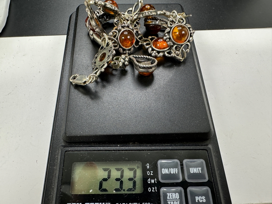 Sterling Silver / Amber Jewelry Set With 8' Bracelet, Ring Size 9.5 & Pair Of Earrings 23.3g [Photo 8]
