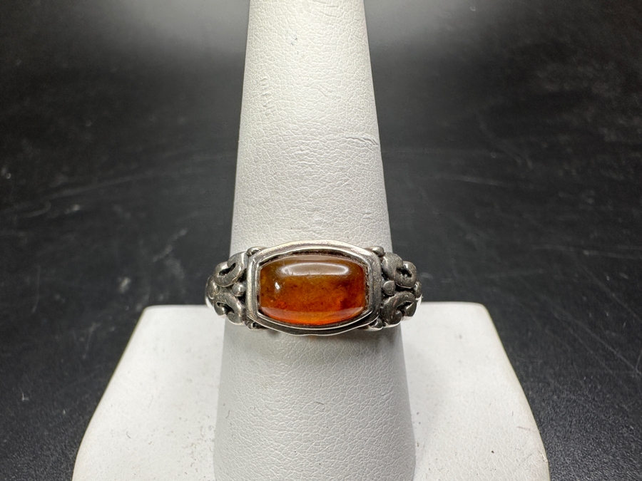 Sterling Silver / Amber Jewelry Set With 8' Bracelet, Ring Size 9.5 & Pair Of Earrings 23.3g [Photo 4]