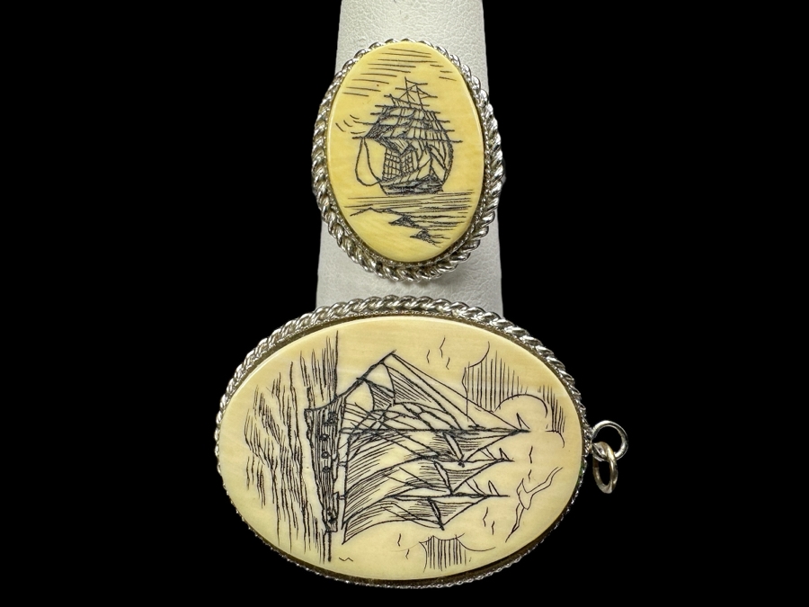 Sterling Silver Scrimshaw Ring Size 7 With Matching Pendant 9.2g [Photo 1]