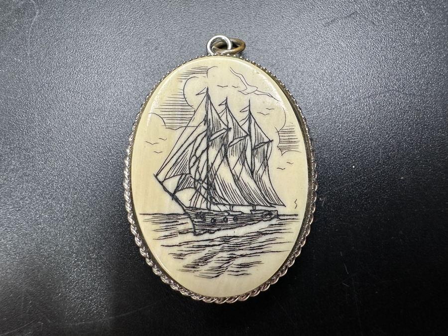 Sterling Silver Scrimshaw Ring Size 7 With Matching Pendant 9.2g [Photo 3]