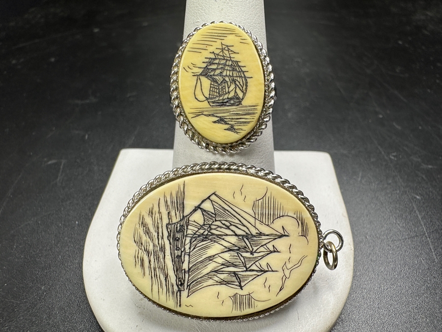 Sterling Silver Scrimshaw Ring Size 7 With Matching Pendant 9.2g [Photo 5]