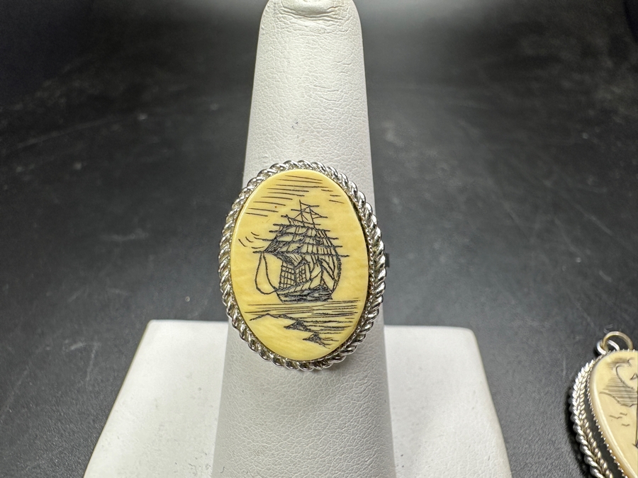 Sterling Silver Scrimshaw Ring Size 7 With Matching Pendant 9.2g [Photo 2]