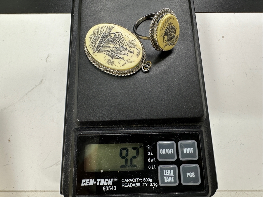 Sterling Silver Scrimshaw Ring Size 7 With Matching Pendant 9.2g [Photo 8]