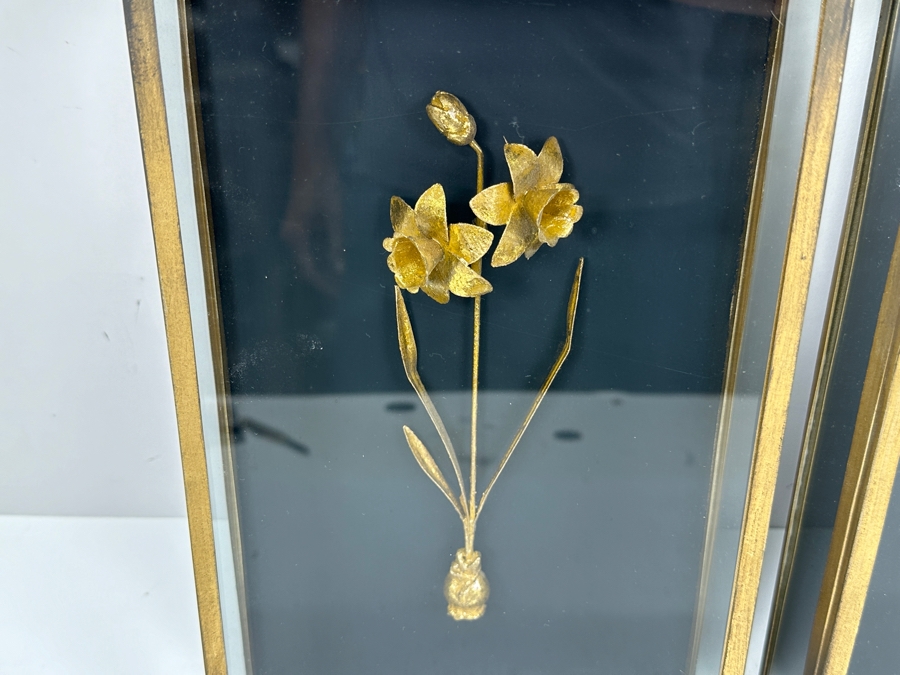 Pair Of Shawdowbox Displayed Metal Flower Sculptures 7W X 11H X 2D [Photo 3]