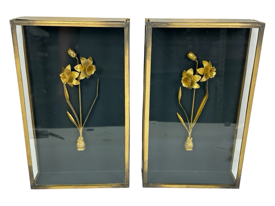 Pair Of Shawdowbox Displayed Metal Flower Sculptures 7W X 11H X 2D [Photo 1]