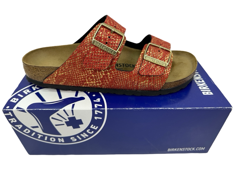 New Pair Of Birkenstock Sandals Arizona BS Shiny Python Red/Gold Women's Size 10 [Photo 1]