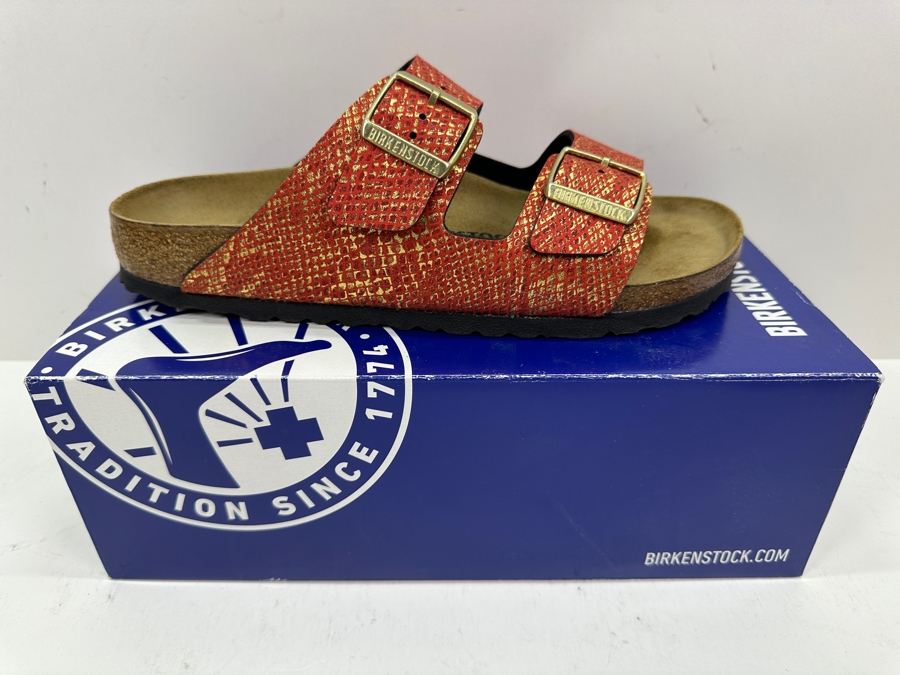 New Pair Of Birkenstock Sandals Arizona BS Shiny Python Red/Gold Women's Size 10 [Photo 2]