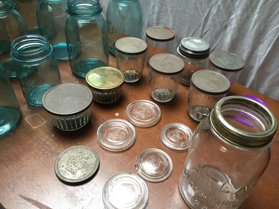 Large Collection of Aqua Blue Ball Perfect Mason Jars, Atlas Mason Jar, Ball Jelly Glass Jars [Photo 19]