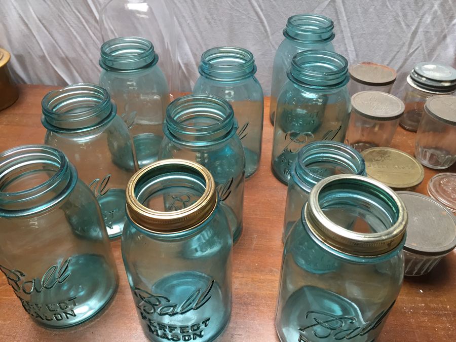 Large Collection of Aqua Blue Ball Perfect Mason Jars, Atlas Mason Jar, Ball Jelly Glass Jars [Photo 20]