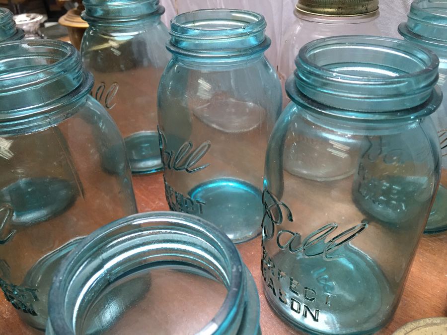 Large Collection of Aqua Blue Ball Perfect Mason Jars, Atlas Mason Jar, Ball Jelly Glass Jars [Photo 12]