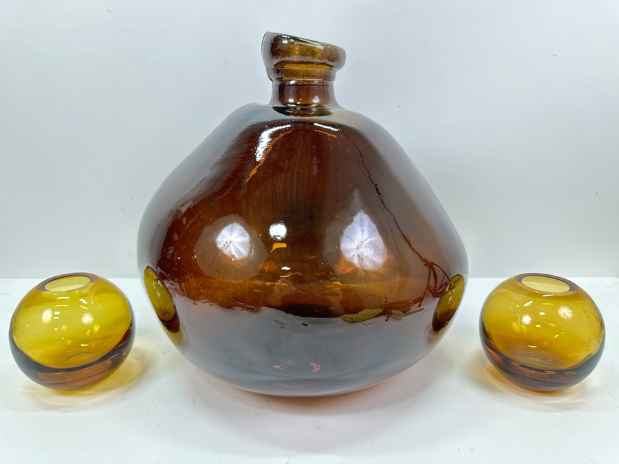 Large Recycled Glass Balloon Vase Made In Spain 14H & Pair Of Yellow Glass Vases 4H [Photo 2]