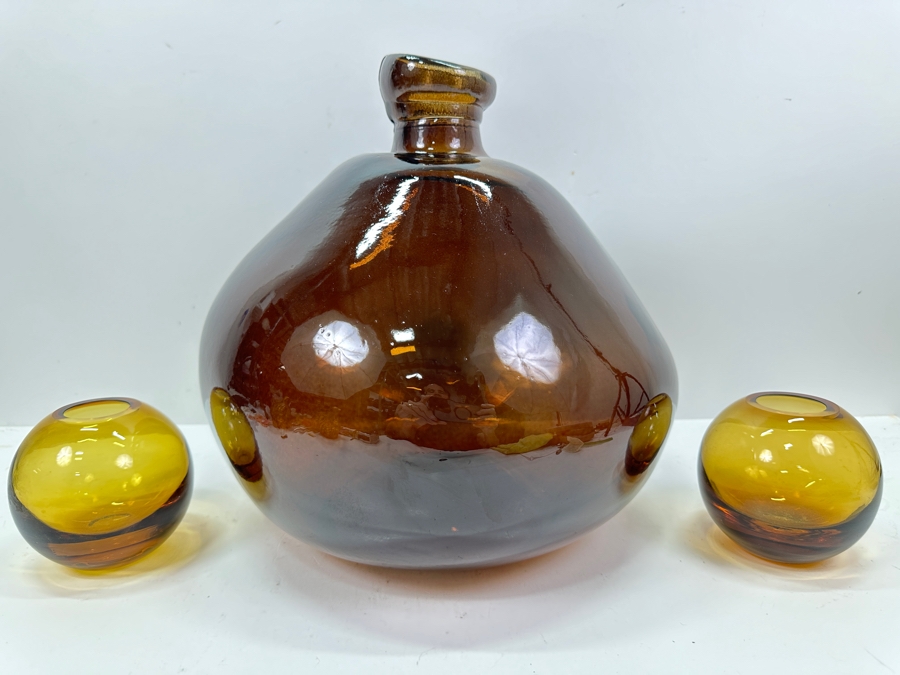 Large Recycled Glass Balloon Vase Made In Spain 14H & Pair Of Yellow Glass Vases 4H [Photo 3]