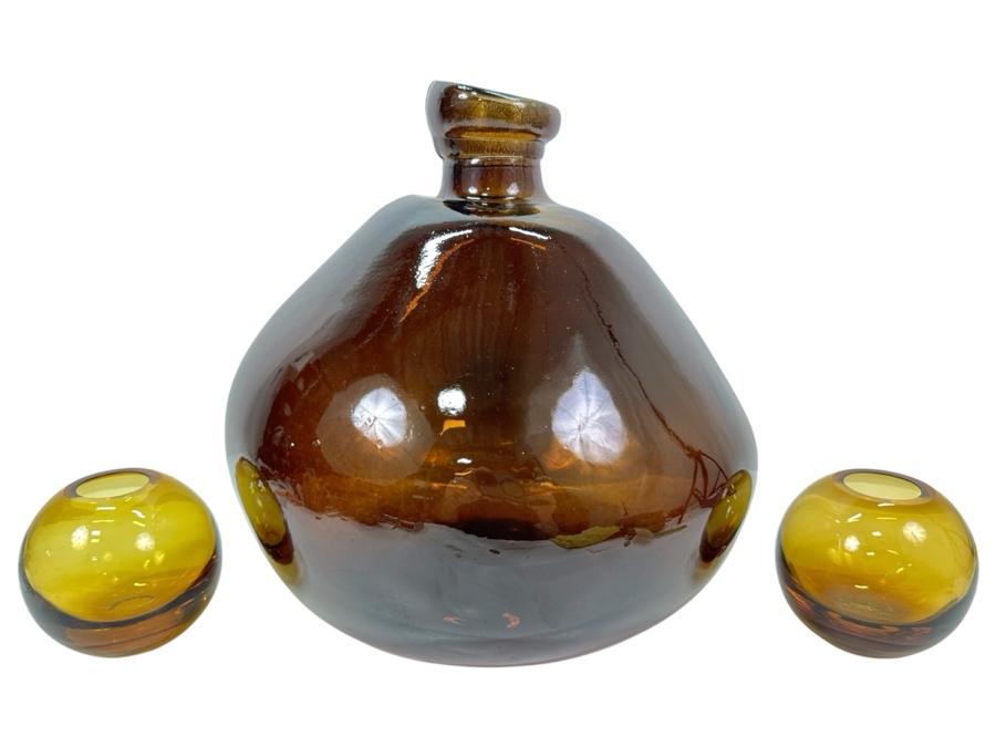 Large Recycled Glass Balloon Vase Made In Spain 14H & Pair Of Yellow Glass Vases 4H [Photo 1]