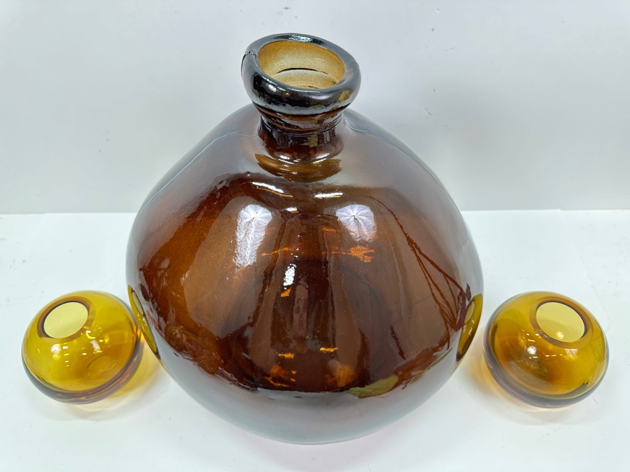 Large Recycled Glass Balloon Vase Made In Spain 14H & Pair Of Yellow Glass Vases 4H [Photo 4]