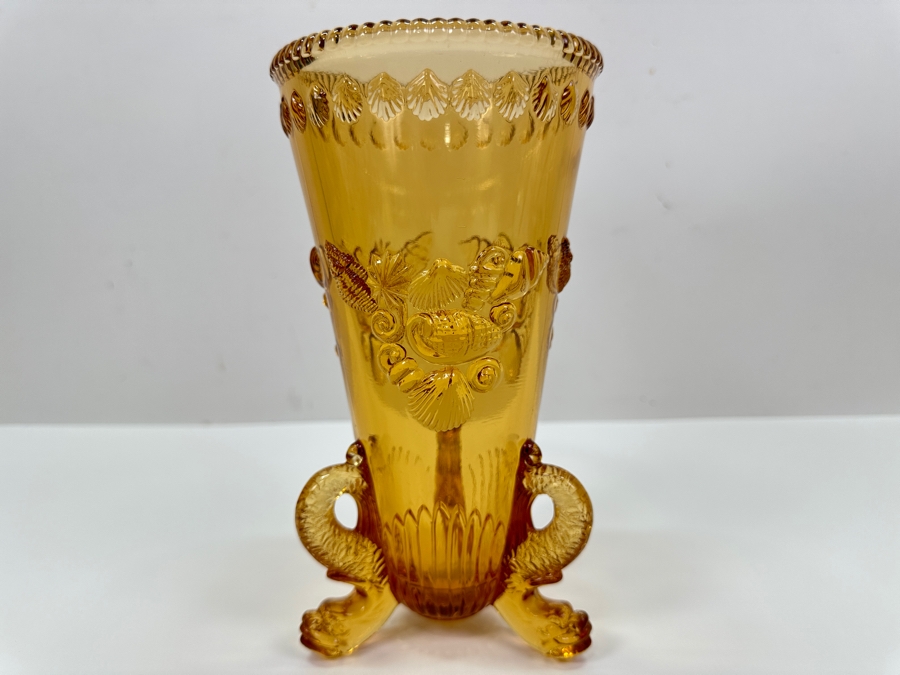 Vintage Westmoreland Glass Argonaut Dolphin Footed Shells Amber Vase 8.5H [Photo 2]