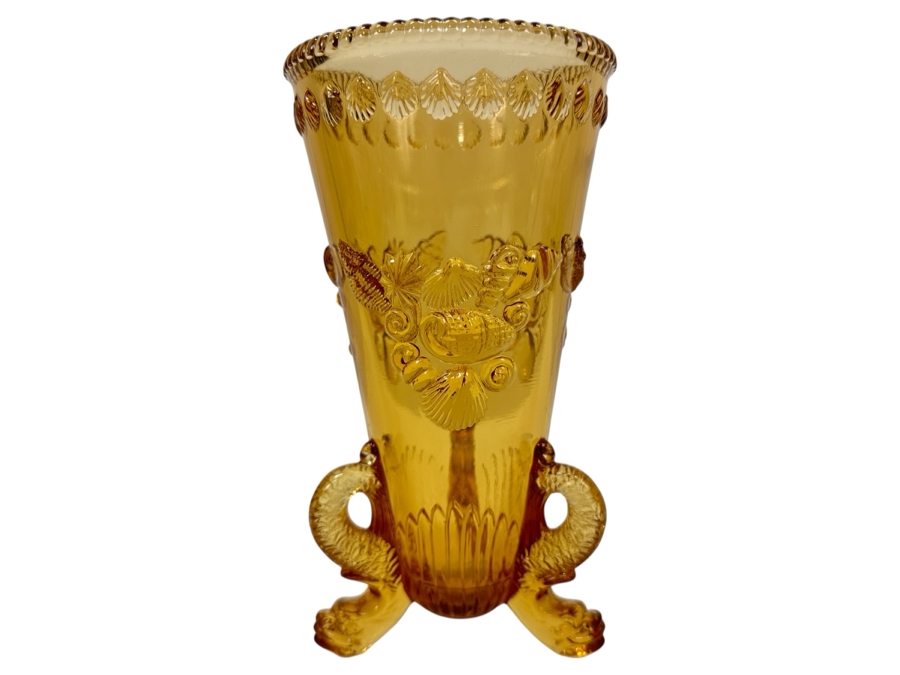 Vintage Westmoreland Glass Argonaut Dolphin Footed Shells Amber Vase 8.5H [Photo 1]
