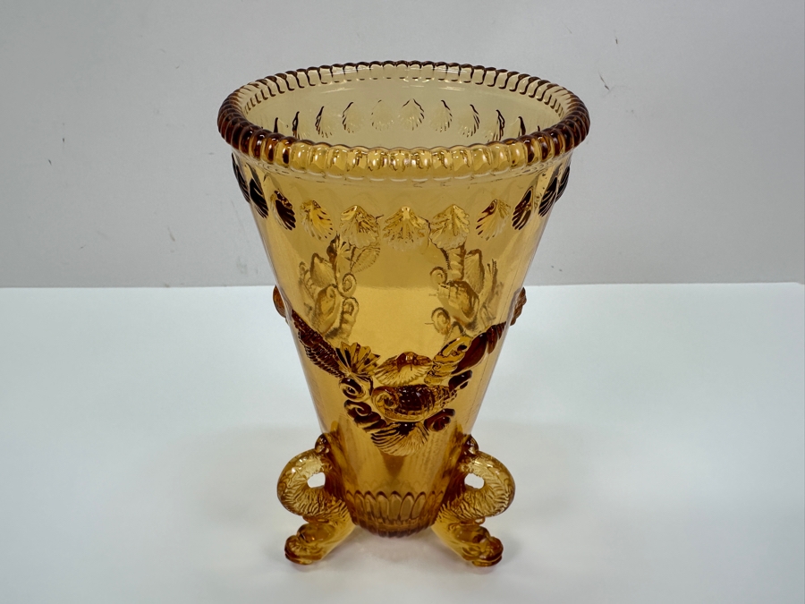 Vintage Westmoreland Glass Argonaut Dolphin Footed Shells Amber Vase 8.5H [Photo 5]