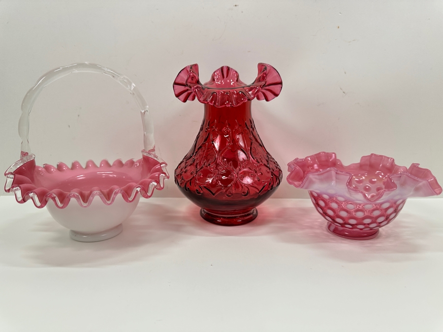 (3) Vintage Fenton Glass: Basket, Vase 7.5H & Bowl [Photo 2]