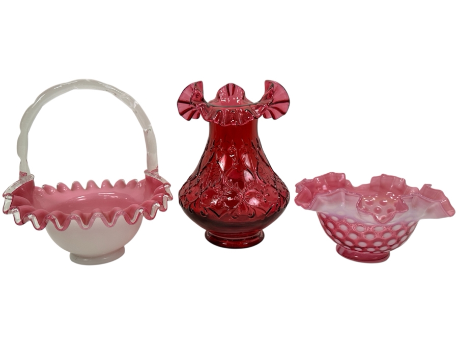 (3) Vintage Fenton Glass: Basket, Vase 7.5H & Bowl [Photo 1]