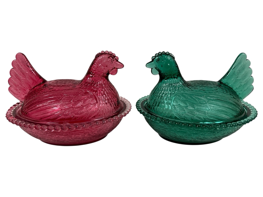 Pair Of Vintage Indiana Glass Hens On Nests