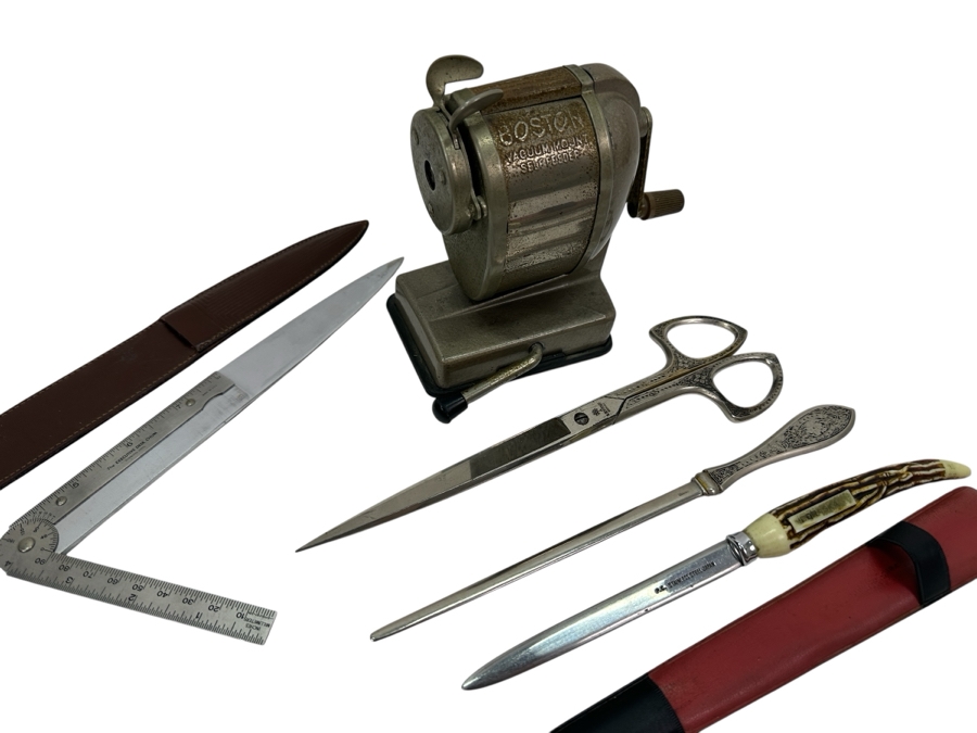 Vintage BOSTON Mechanical Pencil Sharpener, H. Boker & Co. German Scissor / Letter Opener Set, Letter Opener & The Executive Desk Chum [Photo 1]