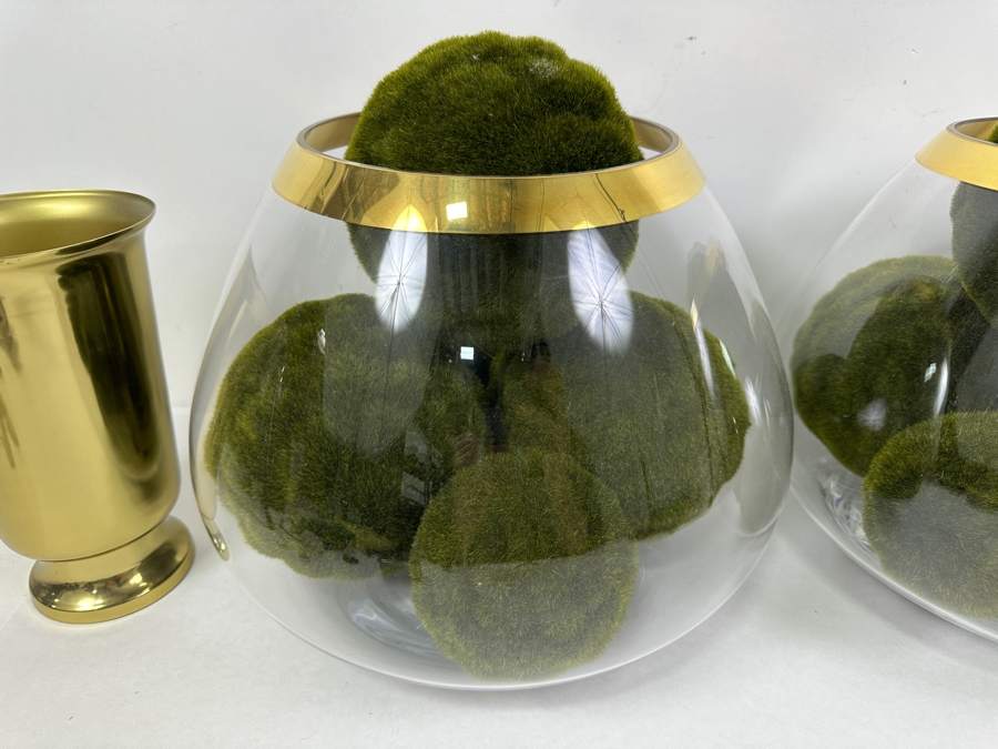 Pair Of Large Frontgate Gold Rim Glass Bowls 10'H And Pair Of Gold Tone Metal 8' Vases [Photo 3]