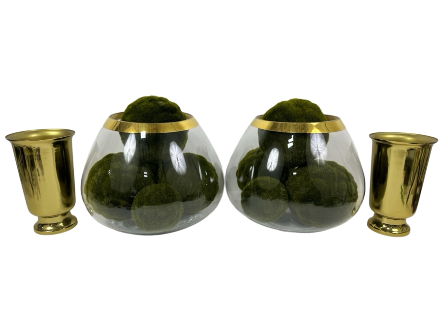 Pair Of Large Frontgate Gold Rim Glass Bowls 10'H And Pair Of Gold Tone Metal 8' Vases [Photo 1]