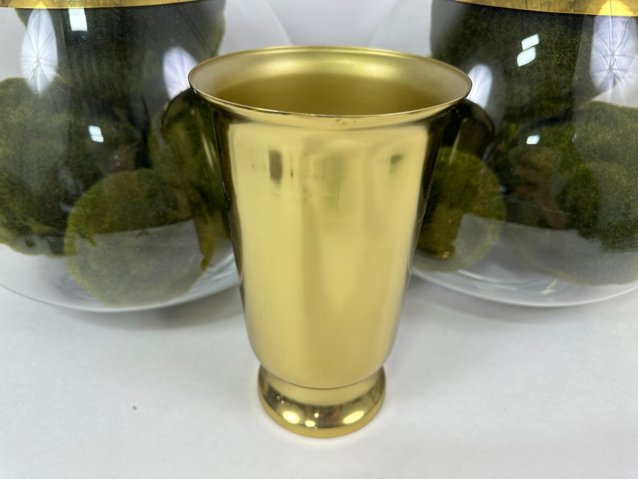 Pair Of Large Frontgate Gold Rim Glass Bowls 10'H And Pair Of Gold Tone Metal 8' Vases [Photo 4]