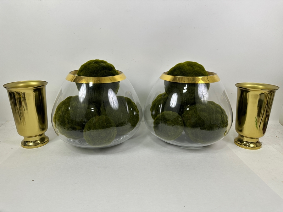 Pair Of Large Frontgate Gold Rim Glass Bowls 10'H And Pair Of Gold Tone Metal 8' Vases [Photo 2]