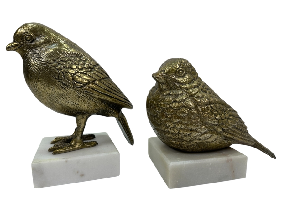 Pair Of Metal Bird Sculptures On Marble Bases 6'H & 8'H [Photo 1]