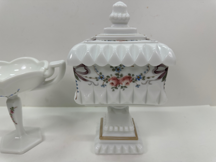Vintage Westmoreland Milk Glass: Pedestal Covered Wedding Cake Box 9.5H & 'Roses & Bows' Pedestal Bowl [Photo 3]