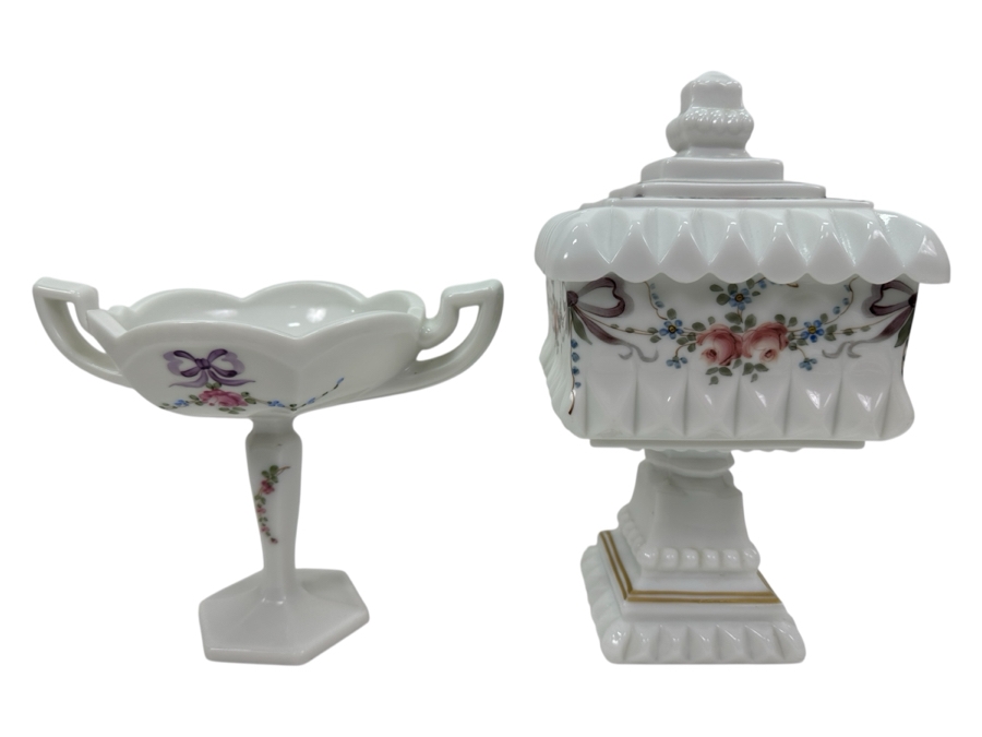 Vintage Westmoreland Milk Glass: Pedestal Covered Wedding Cake Box 9.5H & 'Roses & Bows' Pedestal Bowl [Photo 1]