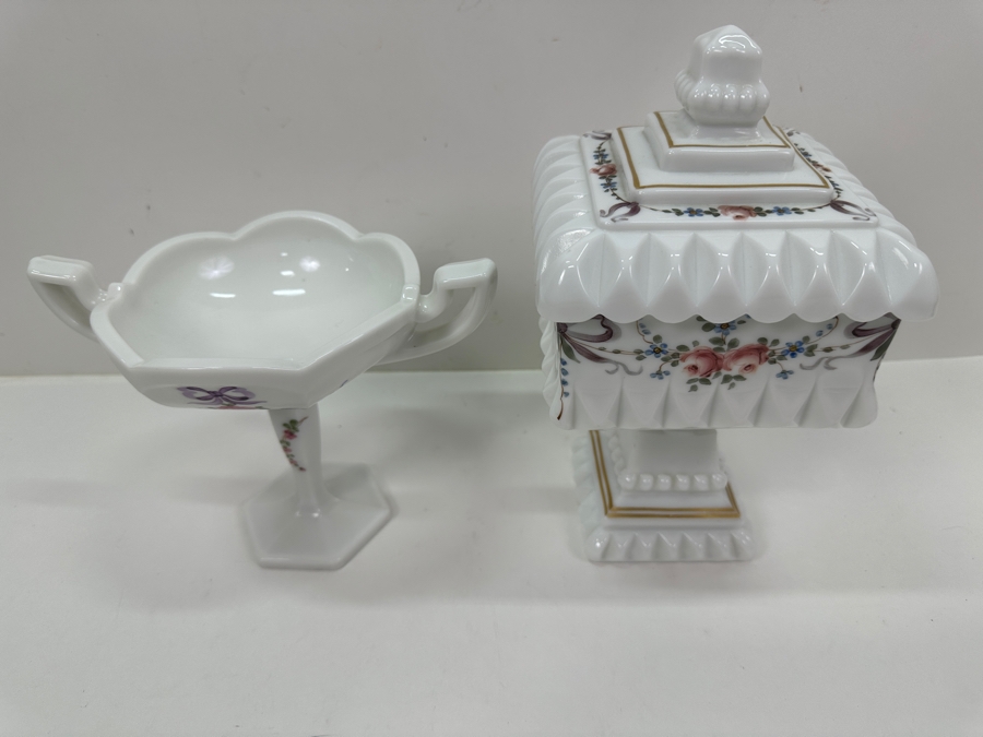 Vintage Westmoreland Milk Glass: Pedestal Covered Wedding Cake Box 9.5H & 'Roses & Bows' Pedestal Bowl [Photo 2]