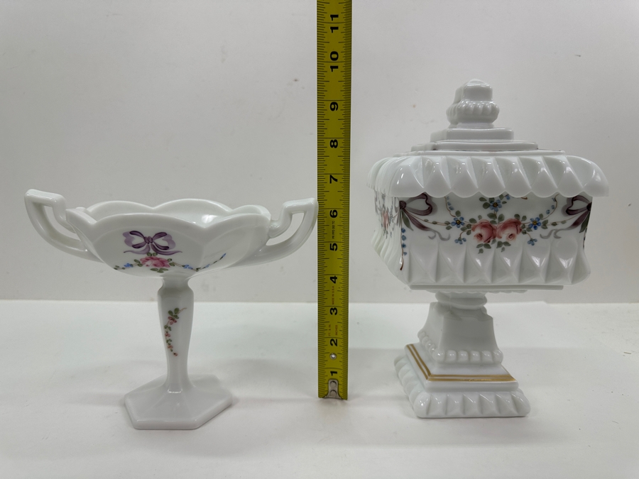 Vintage Westmoreland Milk Glass: Pedestal Covered Wedding Cake Box 9.5H & 'Roses & Bows' Pedestal Bowl [Photo 8]